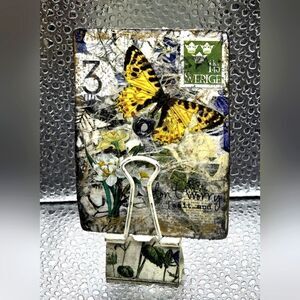 "5/$25" Butterfly Summertime Artist Trading Card ATC W/Altered Binder Clip Stand